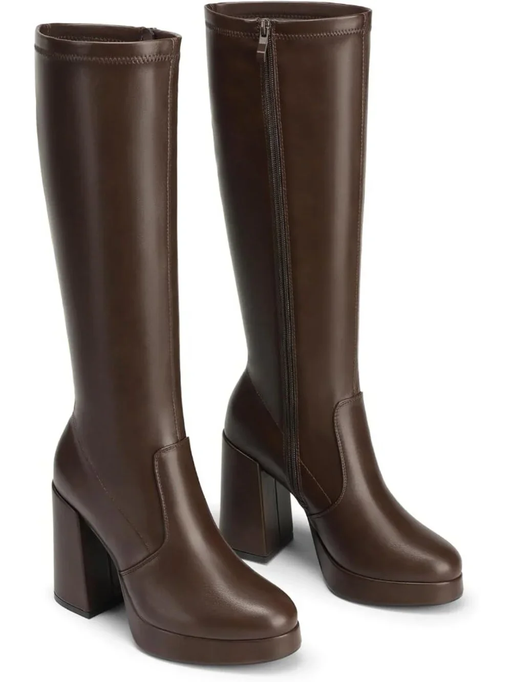 Women's Brown Chunky Platform Heel Round Toe Side Zipper Knee High Boots